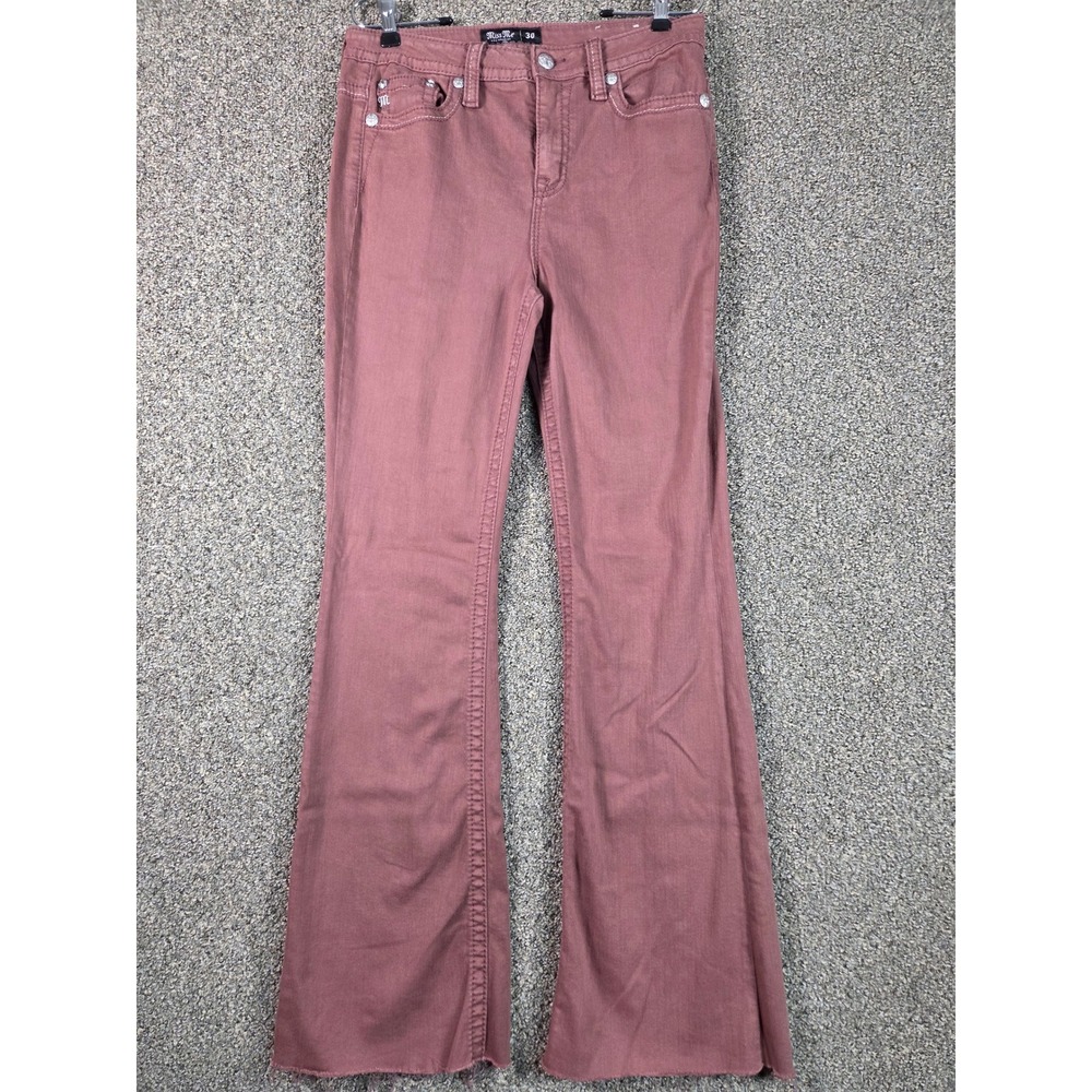 Miss Me Flare Pants Womens 30 Mauve Rose Pink Raw Hem Embellished Flap Pocket